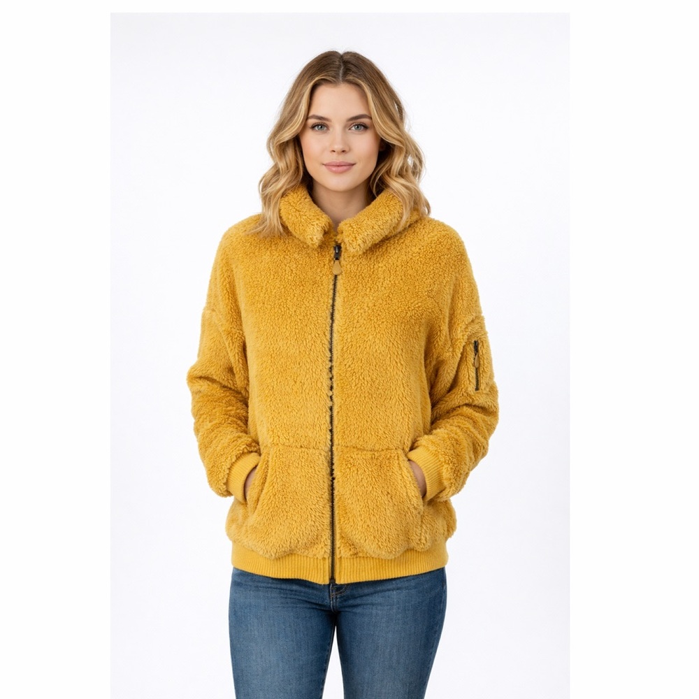 Socialite Mustard Faux Fur Teddy Jacket Zip Up Size S‎ Cozy